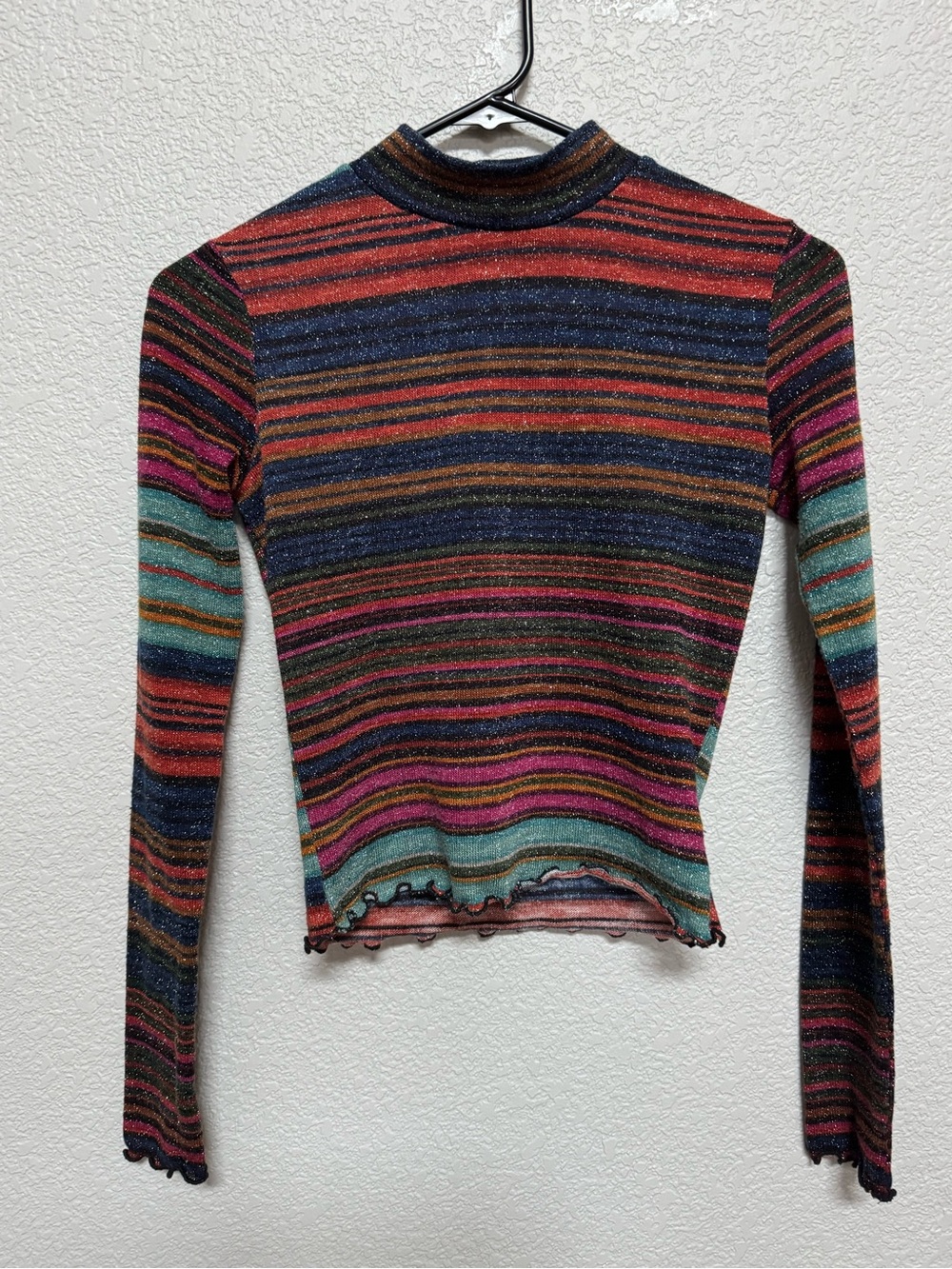 Y2K Mock Neck Long Sleeve Striped Shimmer Top Women’s XS Ruffle Hem